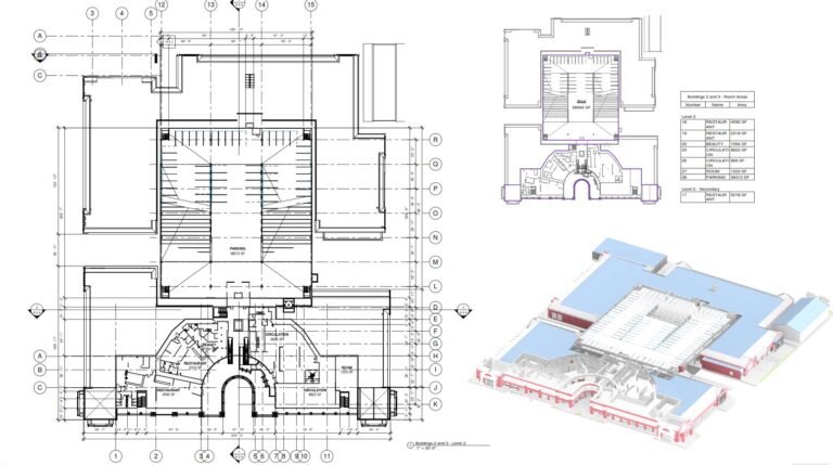 3d laser scanning to CAD- Roof Plan and etxeirior elevations for retail center with parking garage.