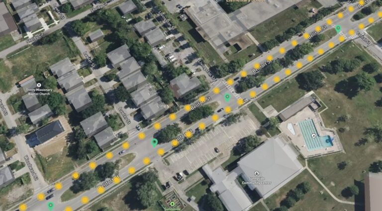 Mobile LiDAR corridor survey coverage map showing georeferenced roadway capture positions for transportation infrastructure documentation.