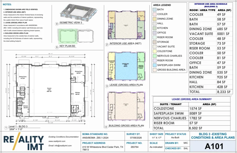 BOMA Area Calculation Services floor plan for Building 3 showing ANSI BOMA Z65.1-2024 interior, lease gross, and building gross areas